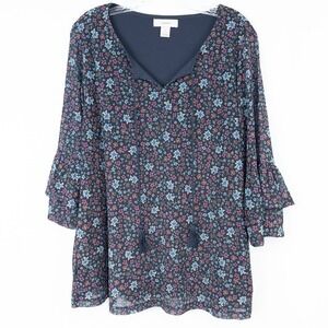 CJ Banks Floral Ruffle Flounce Sleeve Tie V Neck Top Size X (14W) Stretch‎ Lined
